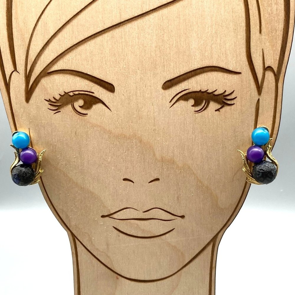 Vintage Colorful Ear Climber Earrings, Brushed Gold Tone Stylized Leaves Blue